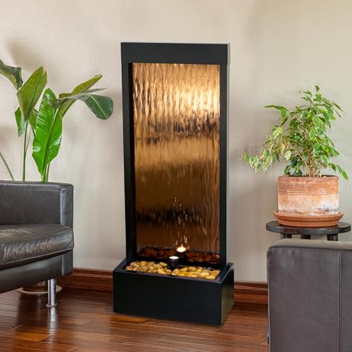 48-Inch Wall Mounted Mirror Waterfall Fountain with LED Lights and Stones