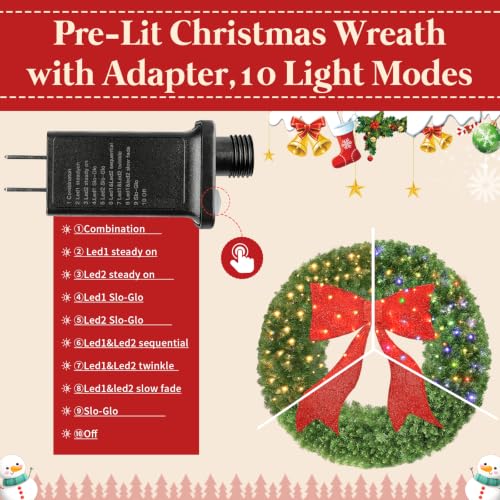 RABESAMDY 36 Inch Artificial Christmas Wreath with Dual-Color LED Lights & Red Bow, 10 Modes