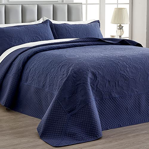 Oversized King Bedspread Set - Navy Blue Paisley Quilt & Shams