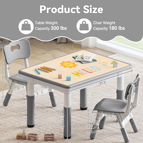 GITAWUSA Kids Study Table & 2 Chairs Set, Height Adjustable, Graffiti Desktop, Grey