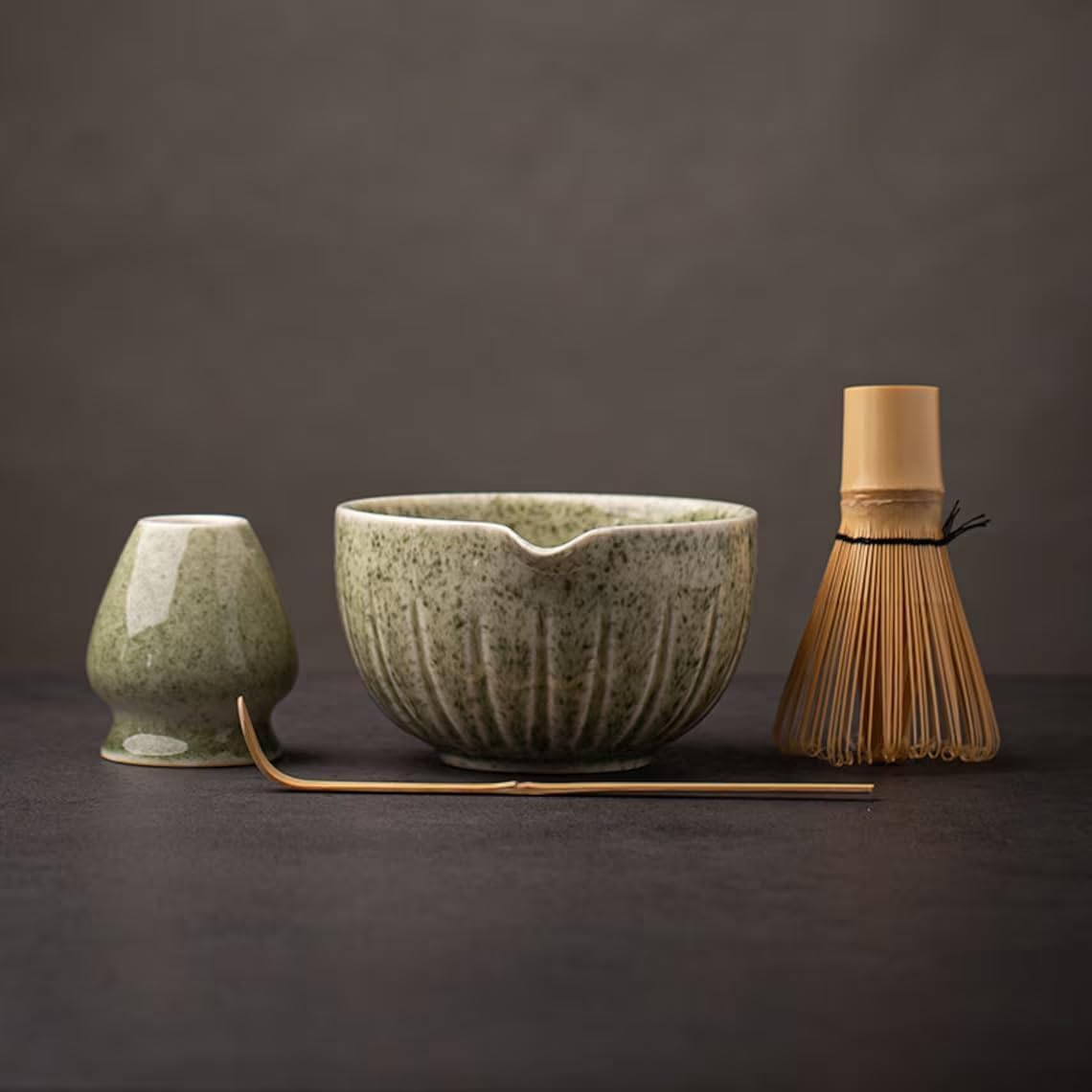 TANG PIN Matcha Set - 4pc Matcha Whisk Kit with Bowl, Whisk, Scoop & Stand | Mottled Green, 15 OZ