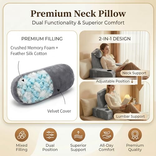 21-Inch Reading Pillow with Detachable Arms and Cup Holder - Gray