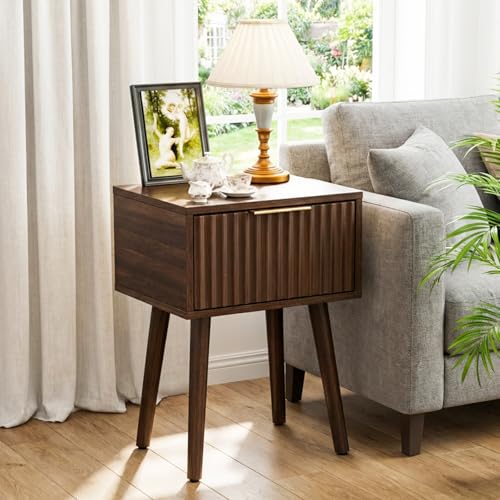 Fluted Nightstand Set of 2, Mid-Century Modern Wood Bedside Tables, Walnut