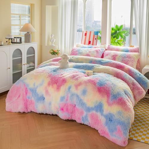 Faux Fur Rainbow Comforter Set for Kids - 3PC Twin/Full