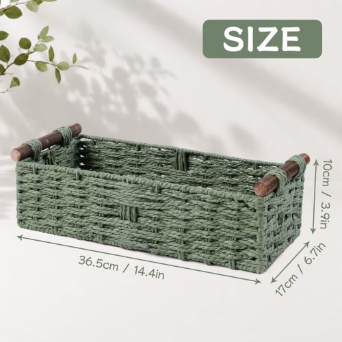 Round Paper Rope Storage Basket Wicker Organizer with Handle Green
