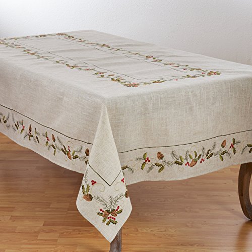 SARO LIFESTYLE Holiday Tablecloth 67x120 Inches Embroidered Pinecone & Holly Design