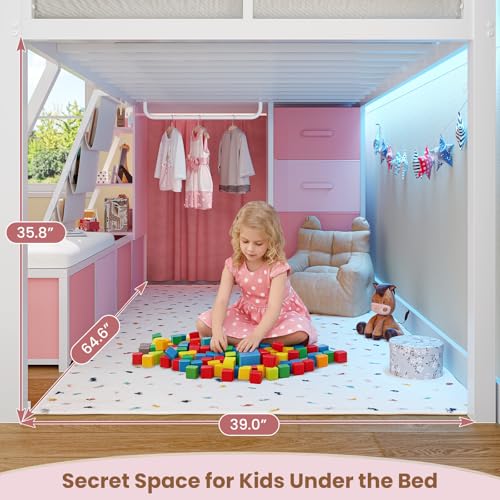 Kids Loft Bed with Storage Drawers, Reading Nook & LED Lights, White & Pink
