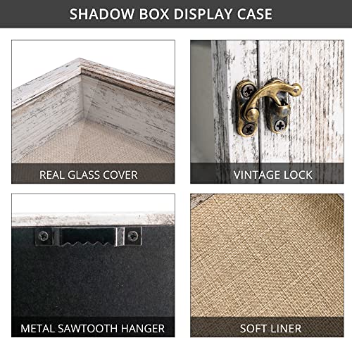 11x14 Wood Shadow Box Display Case with Linen Back and Pins, Rustic White