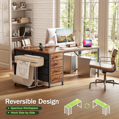 55-Inch Computer Desk with Built-In Power Outlets & 4 Drawers - Rustic Brown