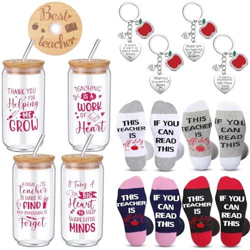 Hushee Teacher Appreciation Gift Set with Cups Socks Keychain - Stylish Polyester, 12 Pieces