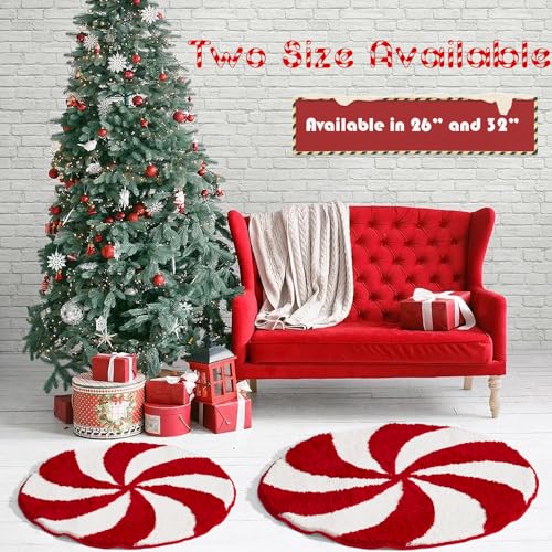ELDONE Red & White Candy Swirl 24x24 In Non-Slip Bathroom Rug - Festive Christmas Round Mat