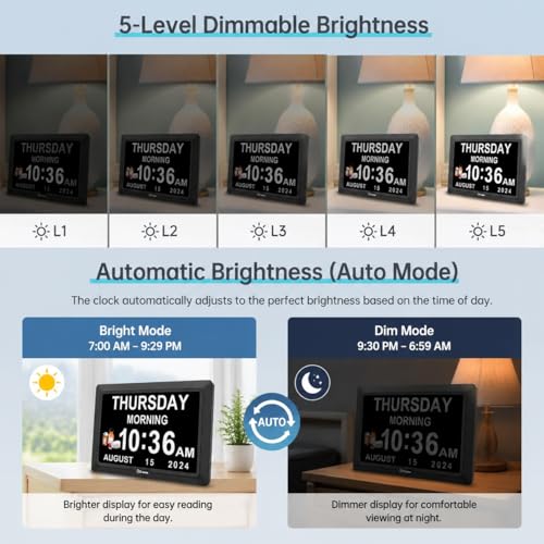7 Inch HD Digital Day Calendar Clock for Seniors Elderly with 20 Alarms