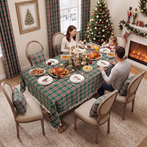 Softalker 55" x 120" Green Christmas Plaid Tassel Tablecloth, Linen Cotton Blend