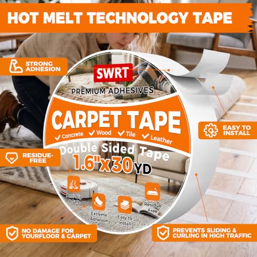 Double Sided Carpet Tape, 1.6 Inch x 30 Yards Heavy Duty Rug Grip for Floors