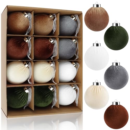 JOPHMO 12-Pack Velvet Christmas Ornaments 3.15in Brown – Shatterproof Ball Decor