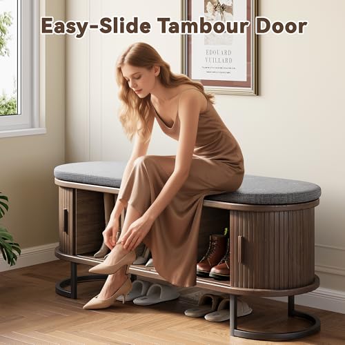 47-Inch Shoe Storage Bench with Cushioned Seat and Sliding Doors