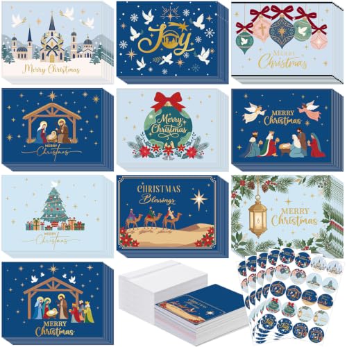 Gersoniel 100 Sets Christian Christmas Cards with Envelopes & Stickers | Nativity Theme Bulk