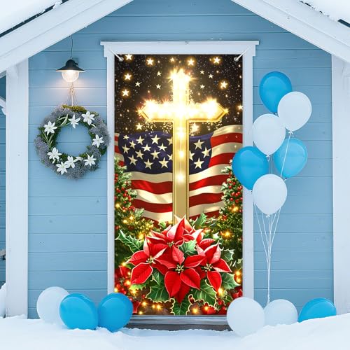 IVN Patriotic Cross Door Cover Christmas Flag with Poinsettias and Gold Cross - 35x71 Inch