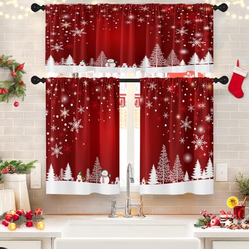 Britown Christmas Kitchen Curtains and Valances Set with Red Snowman - 36 Inch