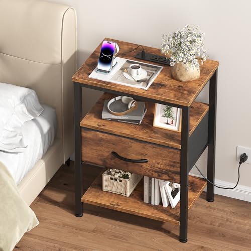 3-Tier Nightstand with Charging Station, Bedside Table with Fabric Drawer