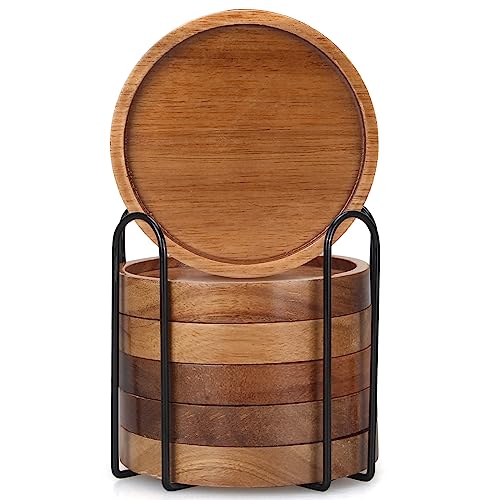 Acacia Wood Coaster Set of 6 with Holder - Farmhouse Drink Coasters