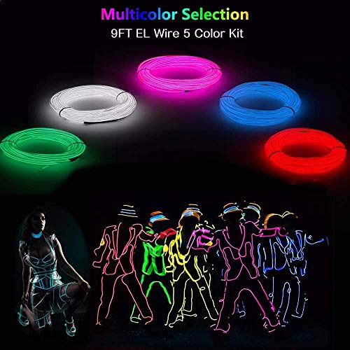 9ft EL Wire Kit 5 Pack, Flexible Neon Light Strings with Battery Packs