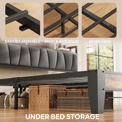 King Size Platform Bed Frame with Storage Headboard & Charging Station