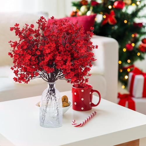 NAHUAA 6Pcs Red Artificial Baby Breath Flowers Bouquet for Home Decor