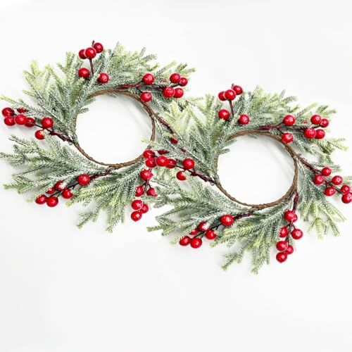 FBIRDY 2pcs Small Christmas Wreath Candle Rings with Red Berries - Candle Rings 03