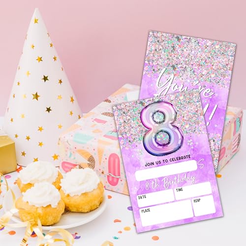 8th Birthday Invitation Cards with Envelopes, 20-Pack Purple Holographic