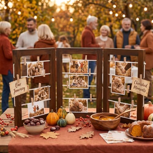 Rustic 3-Panel Wooden Photo Display Board with 60 Clips, 14 x 30 Inch