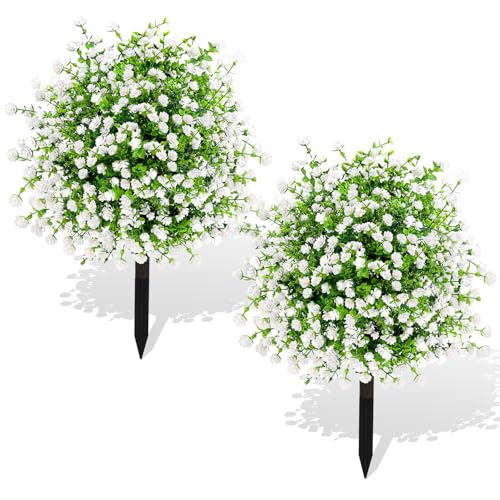 2-Pack UV Resistant Artificial White Flower Bushes with Ground Stakes