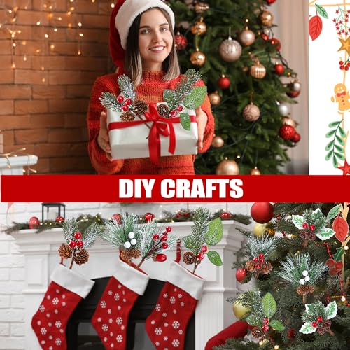 24 Pack Artificial Christmas Picks - 6 Styles Snow Frosted Berry Pine Cones Wreath Decor