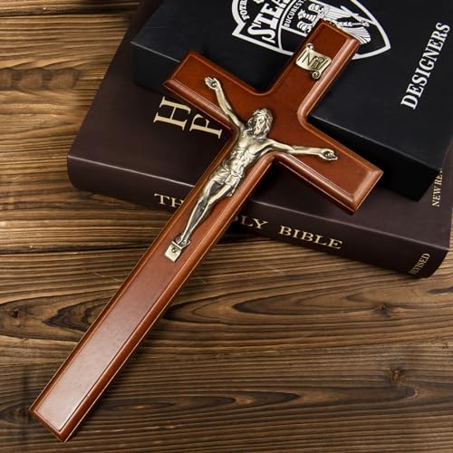 12-Inch Wooden Crucifix Wall Cross with Antique Brass Jesus Corpus