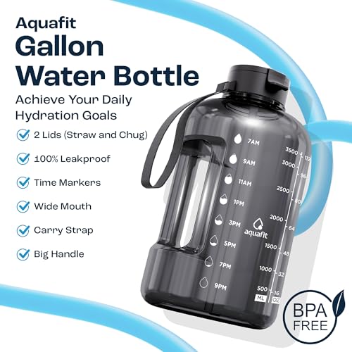 1 Gallon Water Bottle with Time Marker 128 oz Jug with Straw and Lids Gray