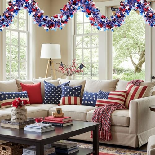 50ft 4th of July Patriotic Star Garland - Red White Blue Metallic Tinsel