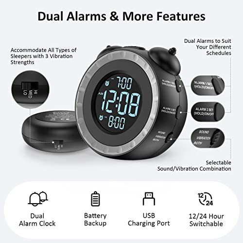 Loud Dual Alarm Clock with Bed Shaker for Heavy Sleepers & Hearing Impaired