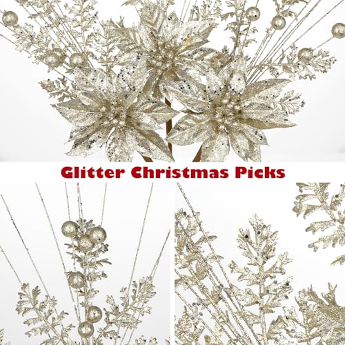 Oairse Champagne Artificial Poinsettia Flowers Picks 3 Pack Christmas Decor