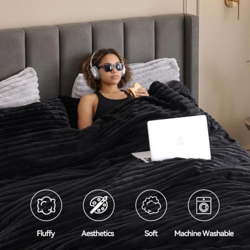 Fluffy Faux Fur Queen Comforter Set - 3-Piece All-Season Black Bedding