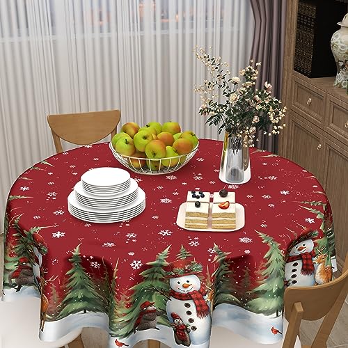Sweetshow Dark Red 60-Inch Round Christmas Tablecloth Snowman Snowflake Holiday Decor