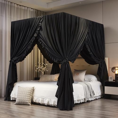 Black Canopy Bed Curtains - Queen Size Breathable Microfiber Drapes