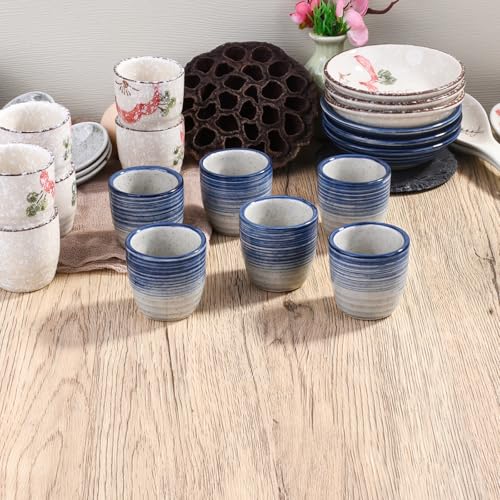 Japanese Porcelain Sake Cup Set of 4 - Blue & White Striped Tasting Cups, Traditional Ceramic Drinkware