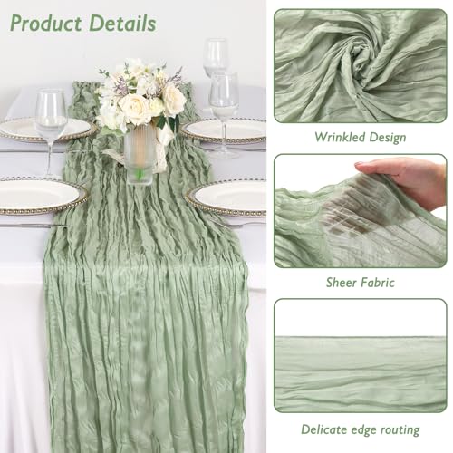 3 Pack Sage Green Cheesecloth Table Runner, 120-Inch Boho Wedding Decor