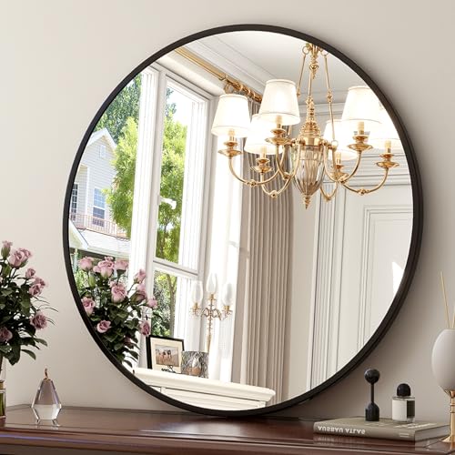 30-Inch Round Wall Mirror, Matte Black Aluminum Frame Vanity Mirror