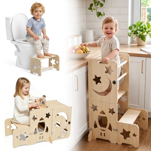 4-in-1 Foldable Montessori Toddler Learning Tower with Blackboard