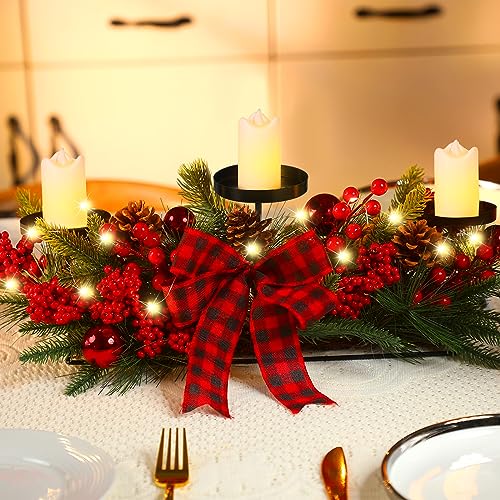 Christmas Table Centerpiece with 3 LED Candle Holders & Pine Cones