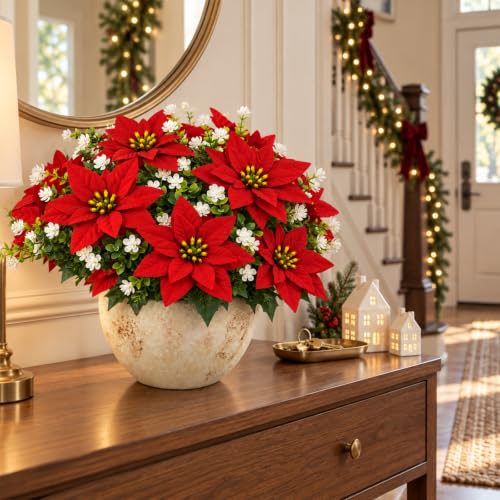 Artificial Poinsettia Flowers Set - 13 Pcs Red & White Camellias for Holiday Decor