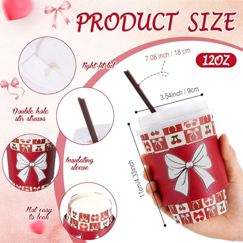 Lallisa 12 oz Red Bow Cherry Christmas Disposable Coffee Cups with Lids (50 Pack)
