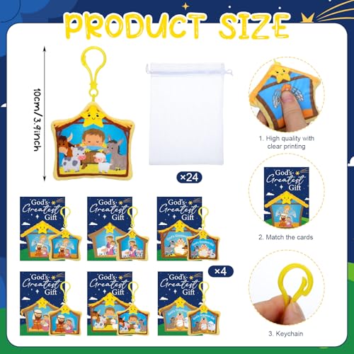 24 Pack Religious Christmas Nativity Gifts with Baby Jesus & Lamb Keychains - Bulk Holiday Decorations & Stocking Stuffers - 4 Inch