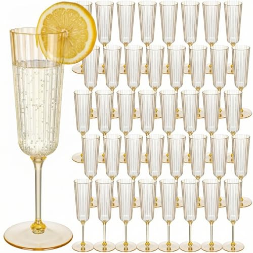 Jingmore 48 Pcs Gold Plastic Ribbed Champagne Flutes 6.4 oz for Parties